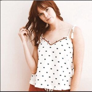 Aerie V Neck Raw Hem Tan Top Blue Stitching L Off White Red Rhinestone Boho